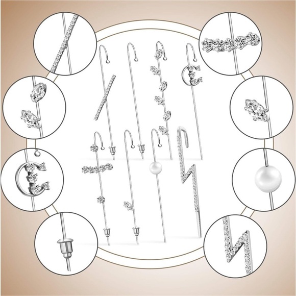 Gold and Silver Cuff Crawler Hook Earrings Set - Picture 2 of 16